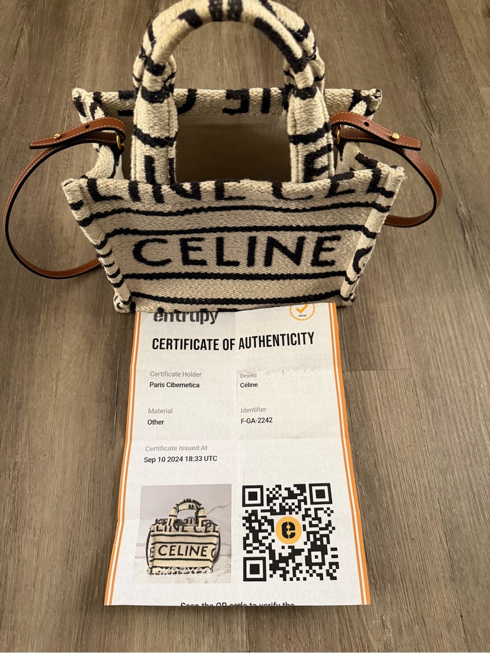 Celine Canvas Logo Tote in Cream and Black with Brown Leather Strap